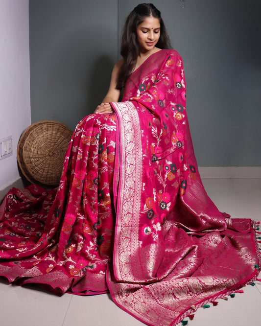 Pink Georgette Banarasi Saree Meenakari Jaal Pattern