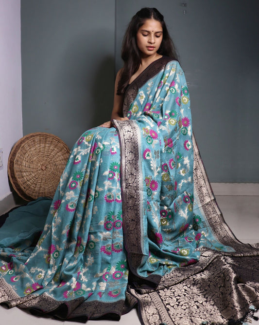 Ash Blue Georgette Banarasi Saree  Meenakari Jaal Pattern