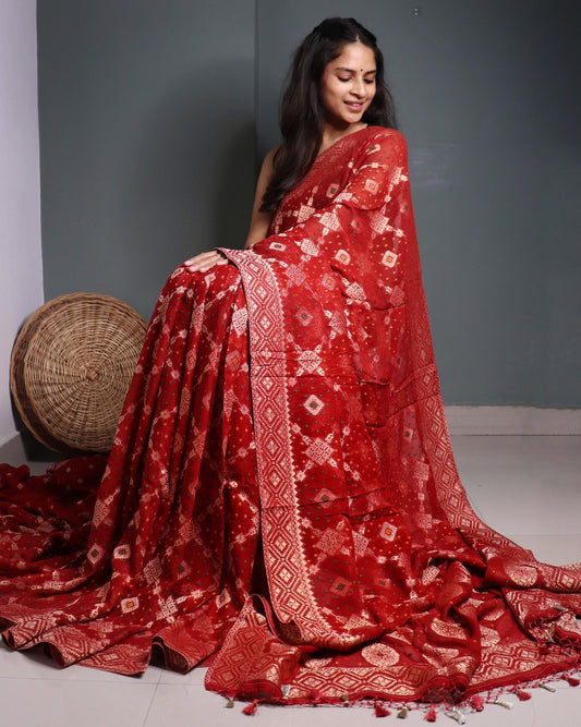 Rust Red Georgette Bhandhani Banarasi Saree