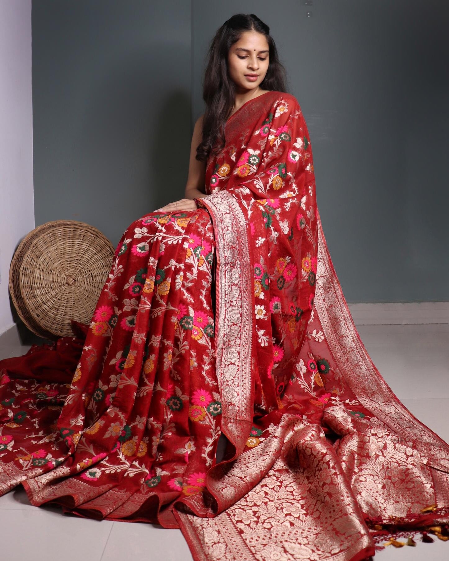 Maroon Georgette Banarasi Saree Floral Jaal Pattern