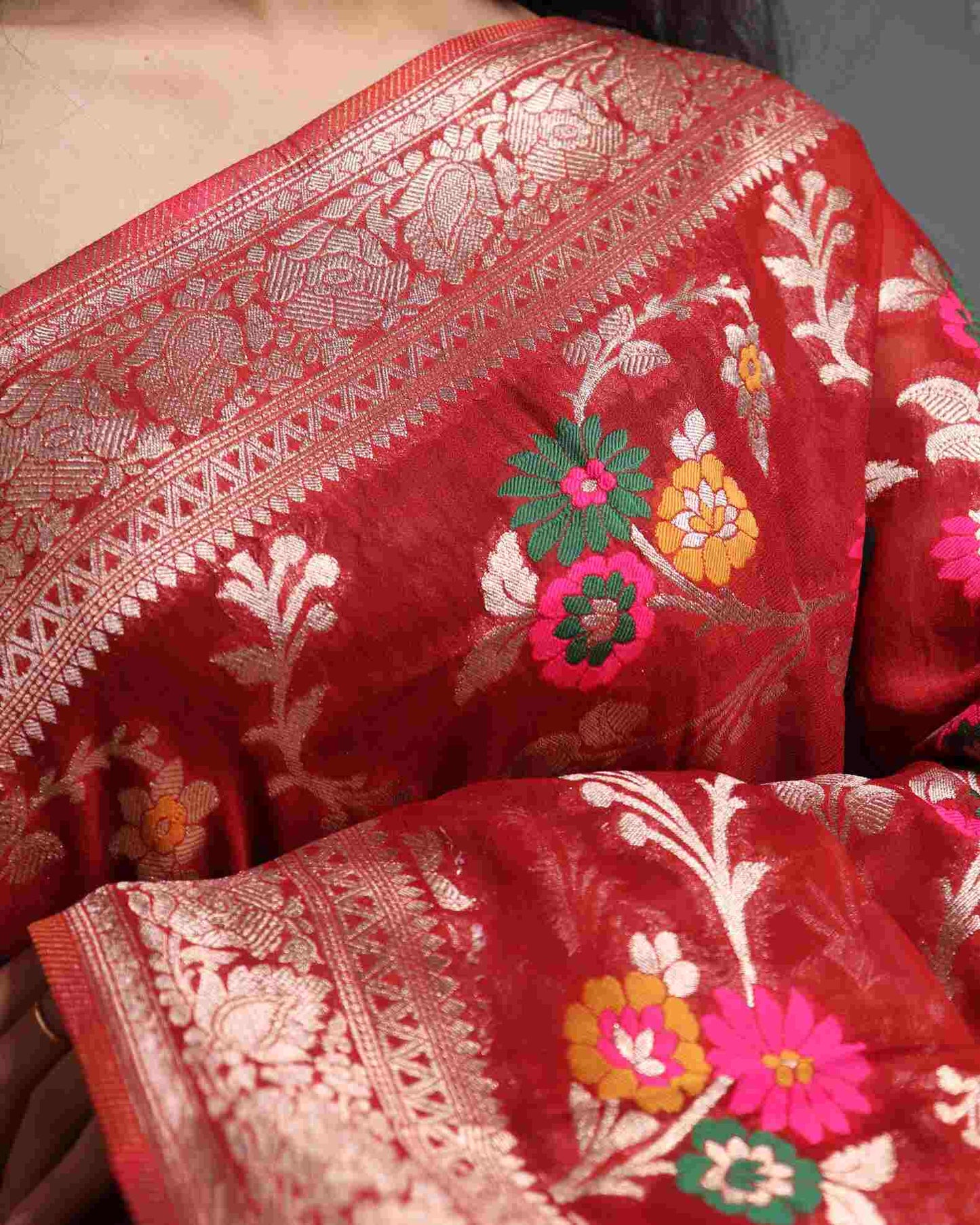 Maroon Georgette Banarasi Saree Floral Jaal Pattern