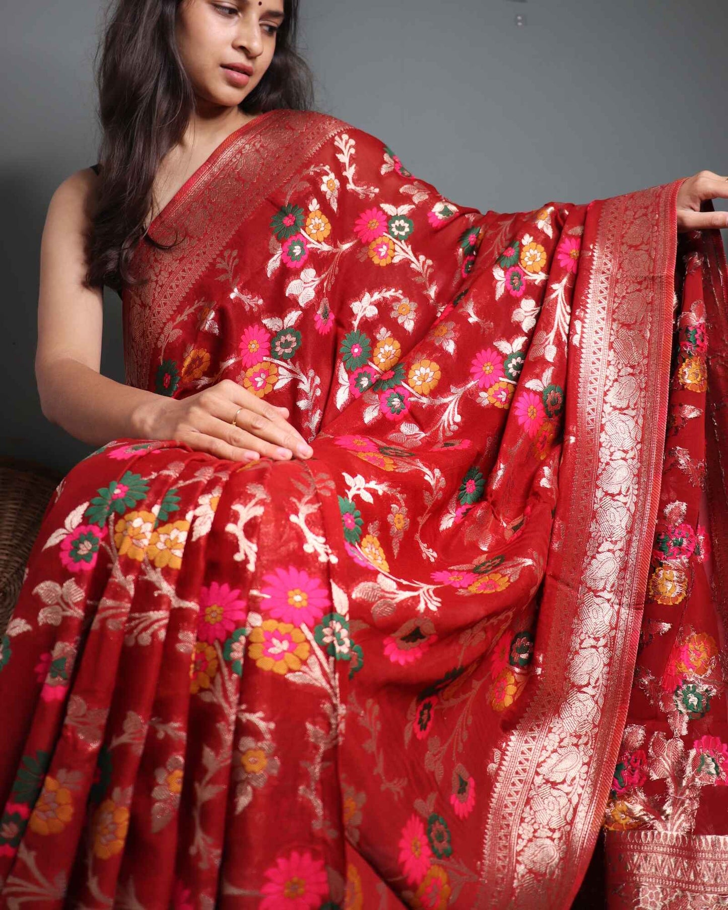 Maroon Georgette Banarasi Saree Floral Jaal Pattern