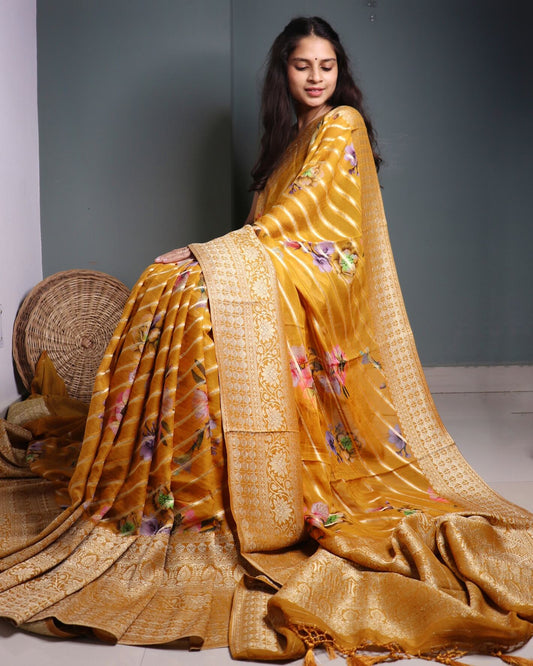 Mustard Georgette Banarasi Saree striped & floral Pattern