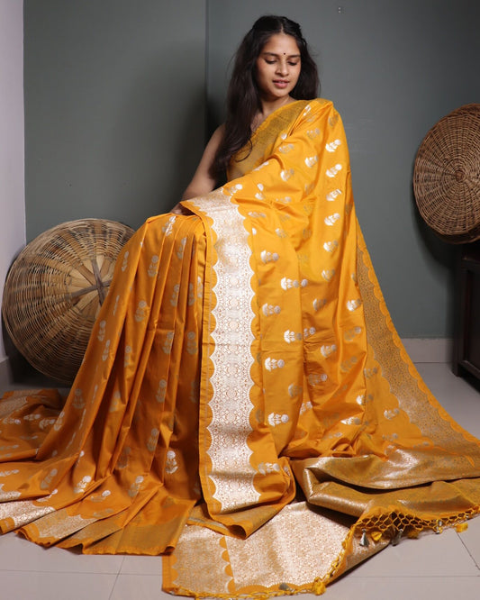 Mustard Semi Banarasi Mashru Silk saree