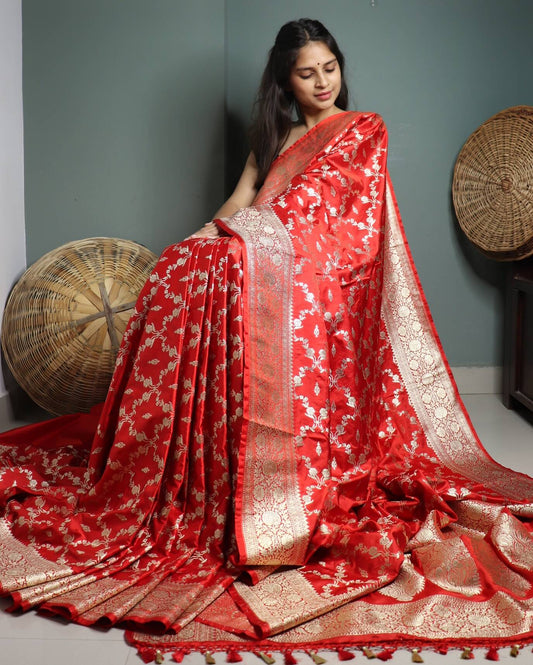 Orange Semi Mashru Banarasi Saree