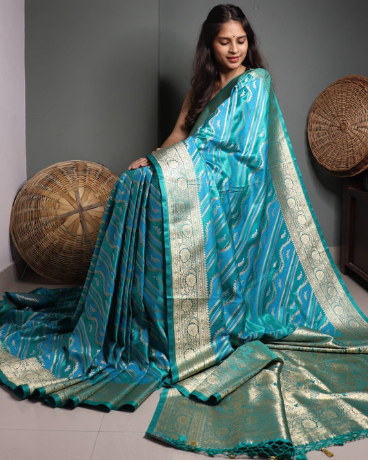 Green & Blue Semi Mashru Silk Rangkat Banarasi Saree