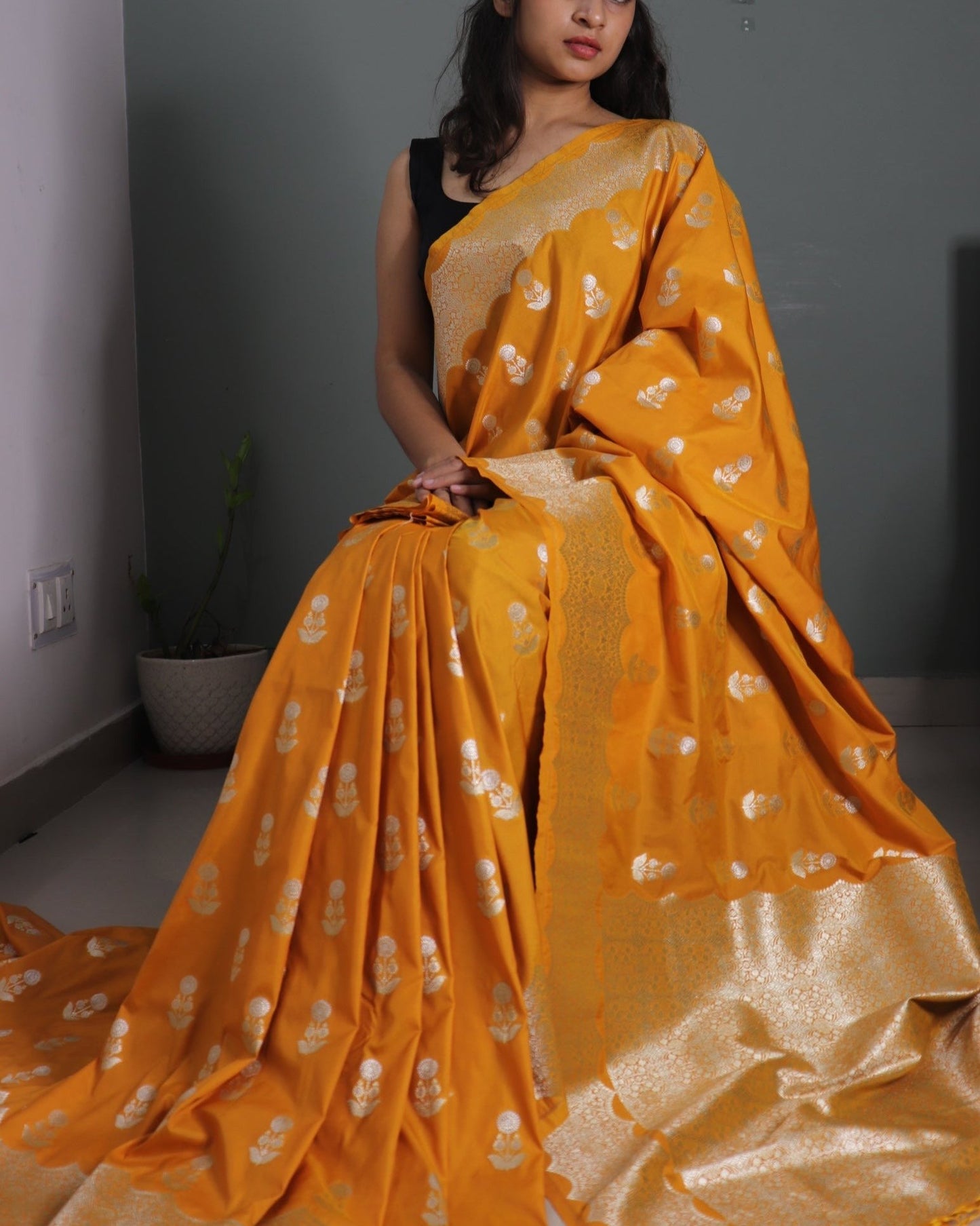 Mustard Banarasi Mashru Silk saree