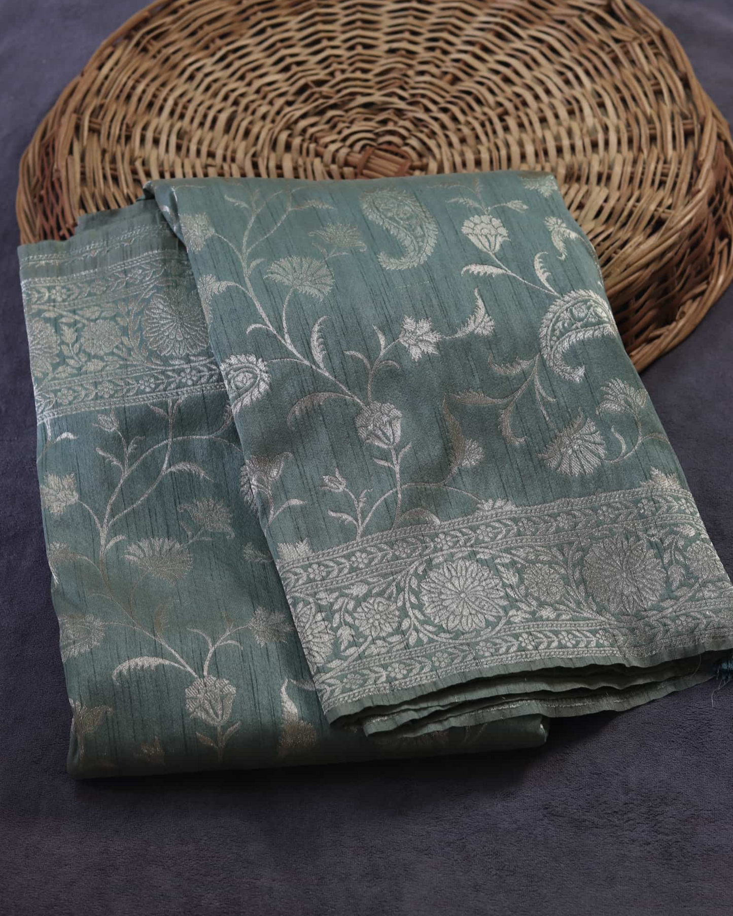 Grey Semi Tussar Silk Banarasi Saree