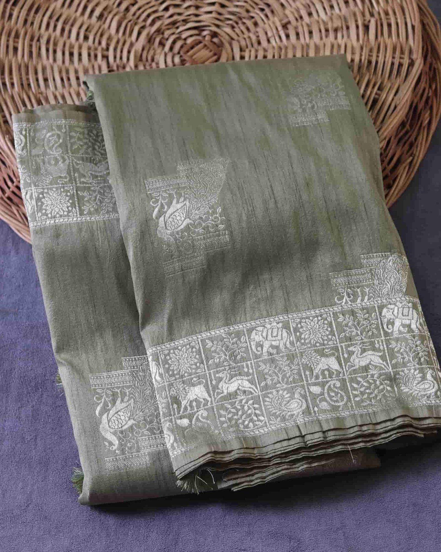 Olive Tussar Silk Banarasi Saree