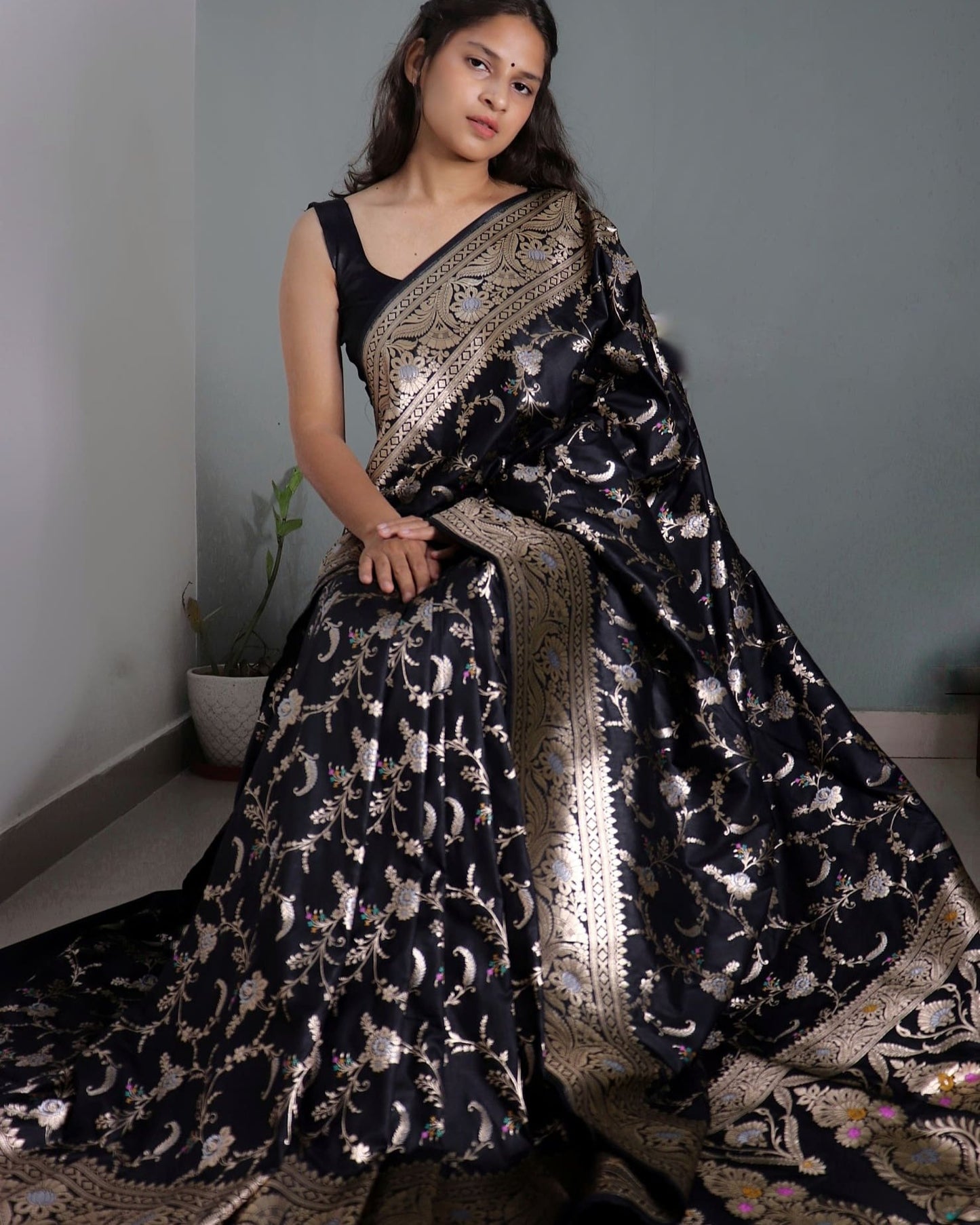 Black Semi Katan Silk Saree