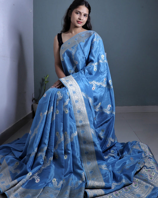 Blue Semi Crepe Georgette Banarasi Saree