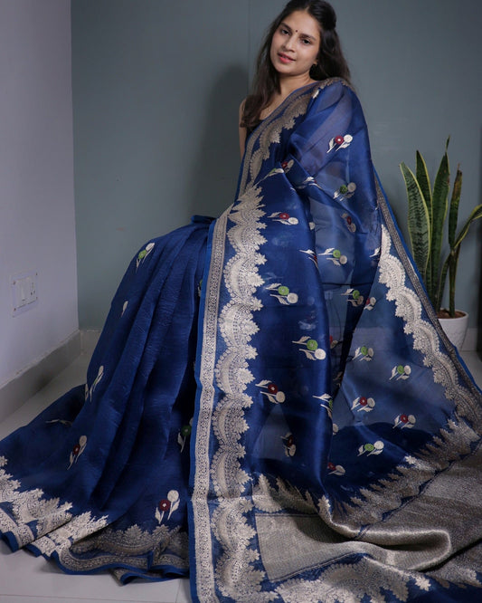 Navy Blue Pure Kora Silk Banarasi Saree