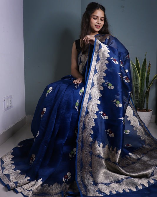 Navy Blue Pure Kora Silk Banarasi Saree