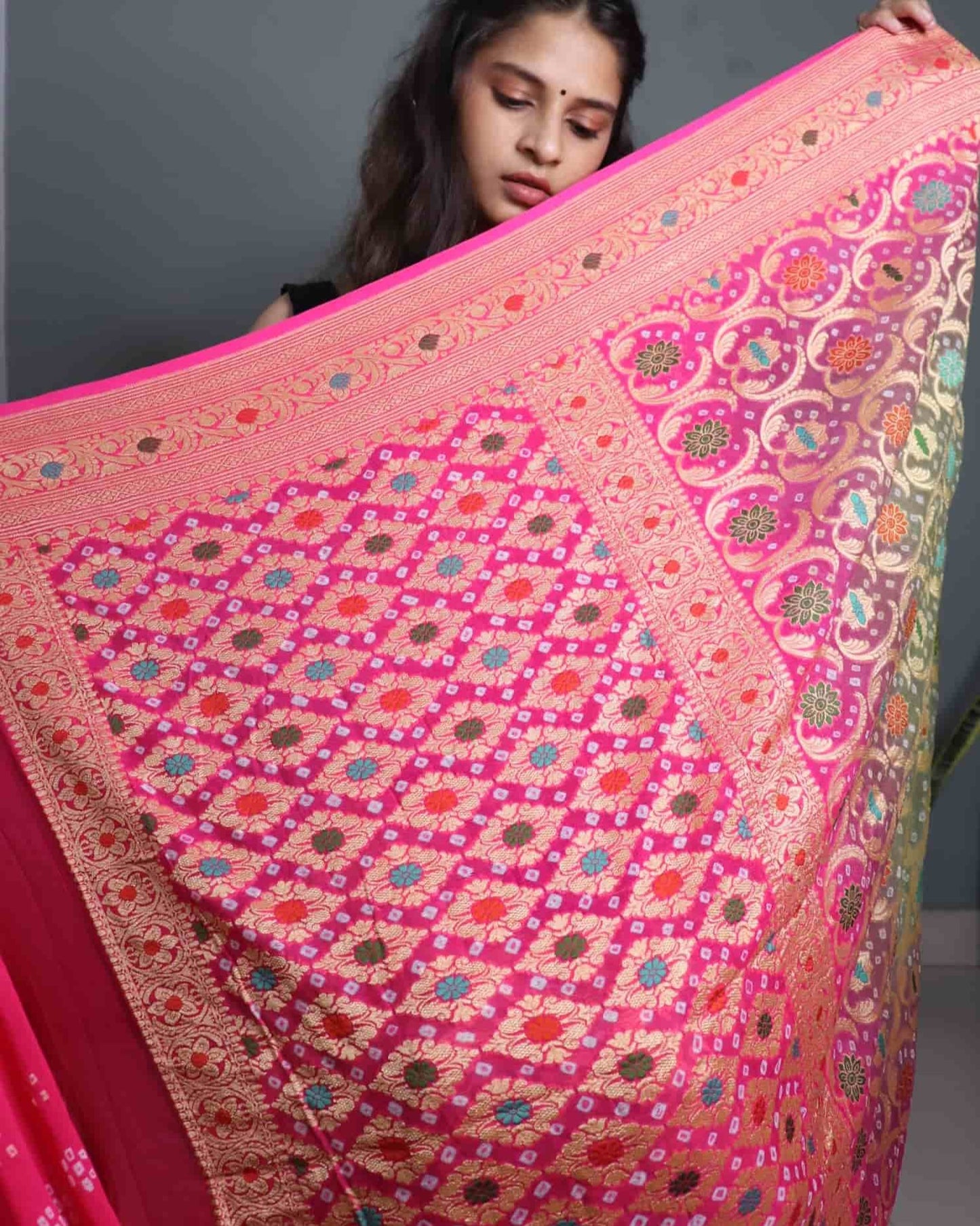 Rangkaat Pure Khadi Georgette Bandhani Saree.