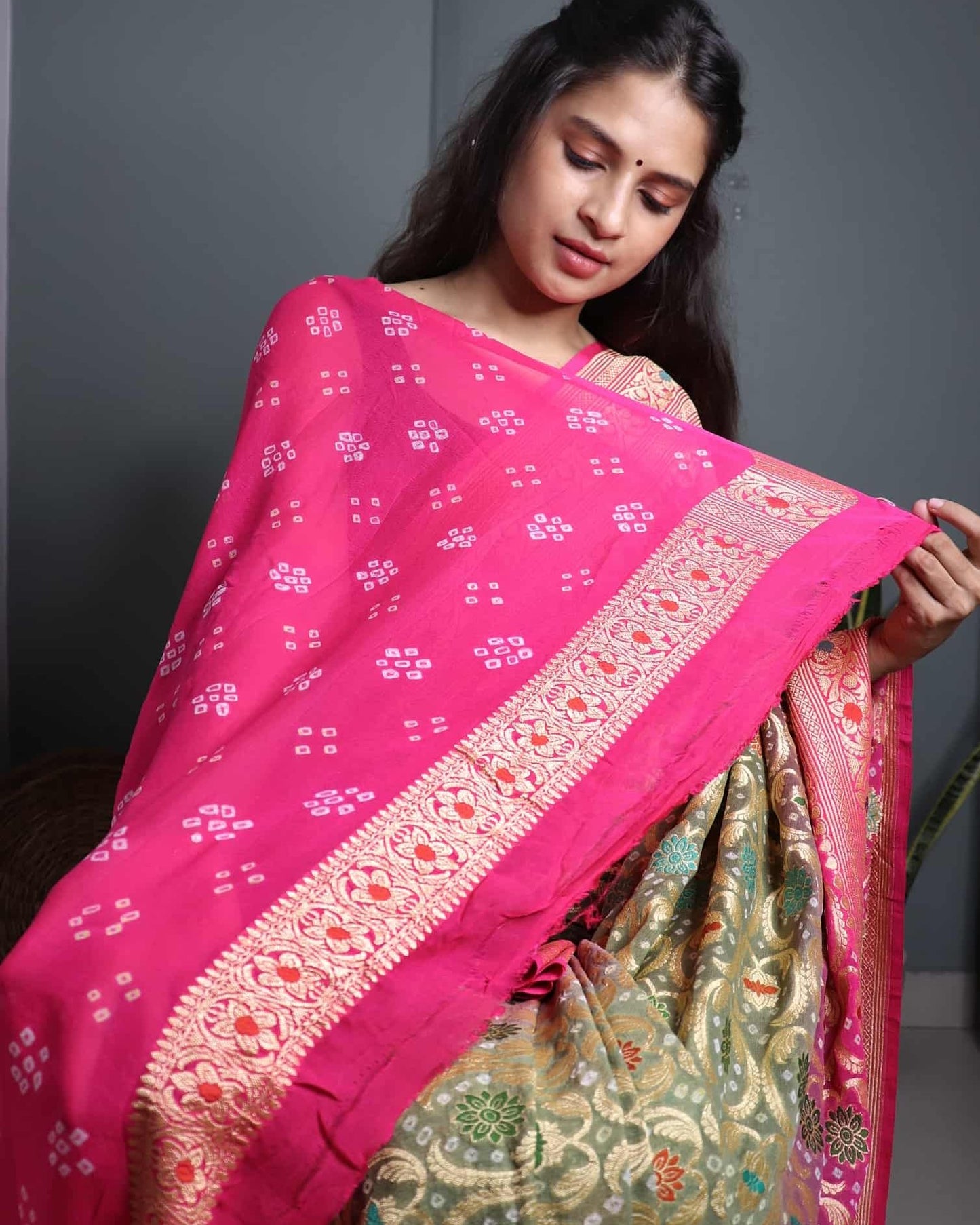 Rangkaat Pure Khadi Georgette Bandhani Saree.