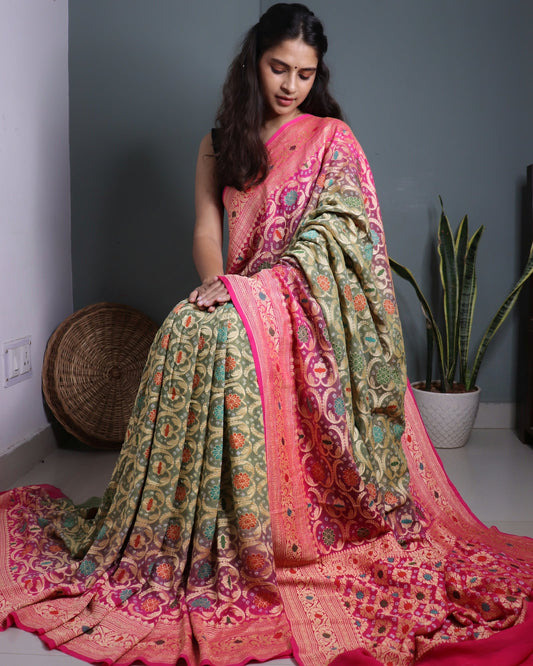 Rangkaat Pure Khadi Georgette Bandhani Saree.