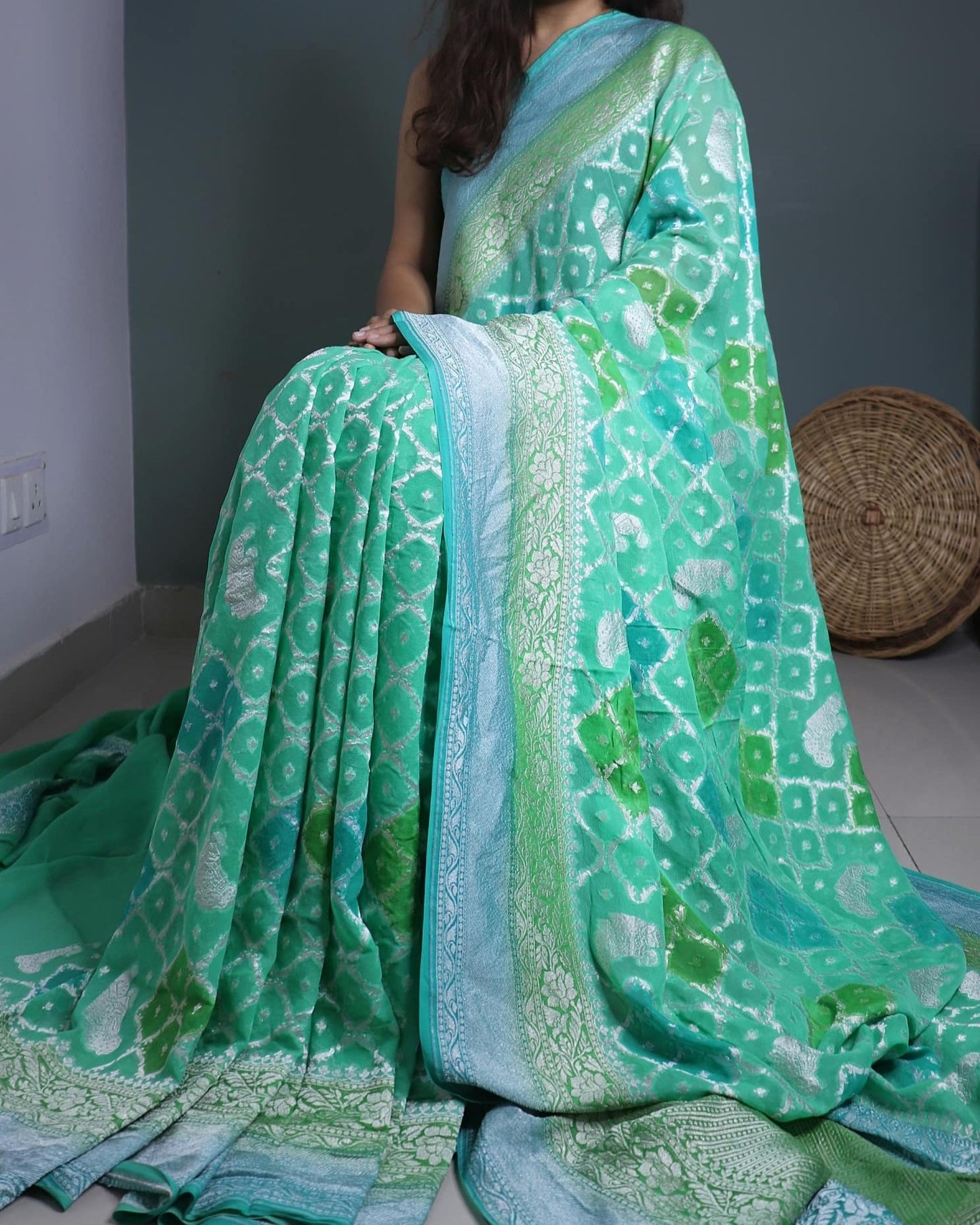 Green Pure Khadi Georgette Saree