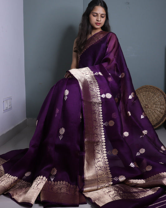 Deep Purple Organza Silk Banarasi Saree