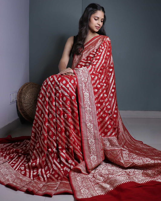 Red Khadi Georgette Saree