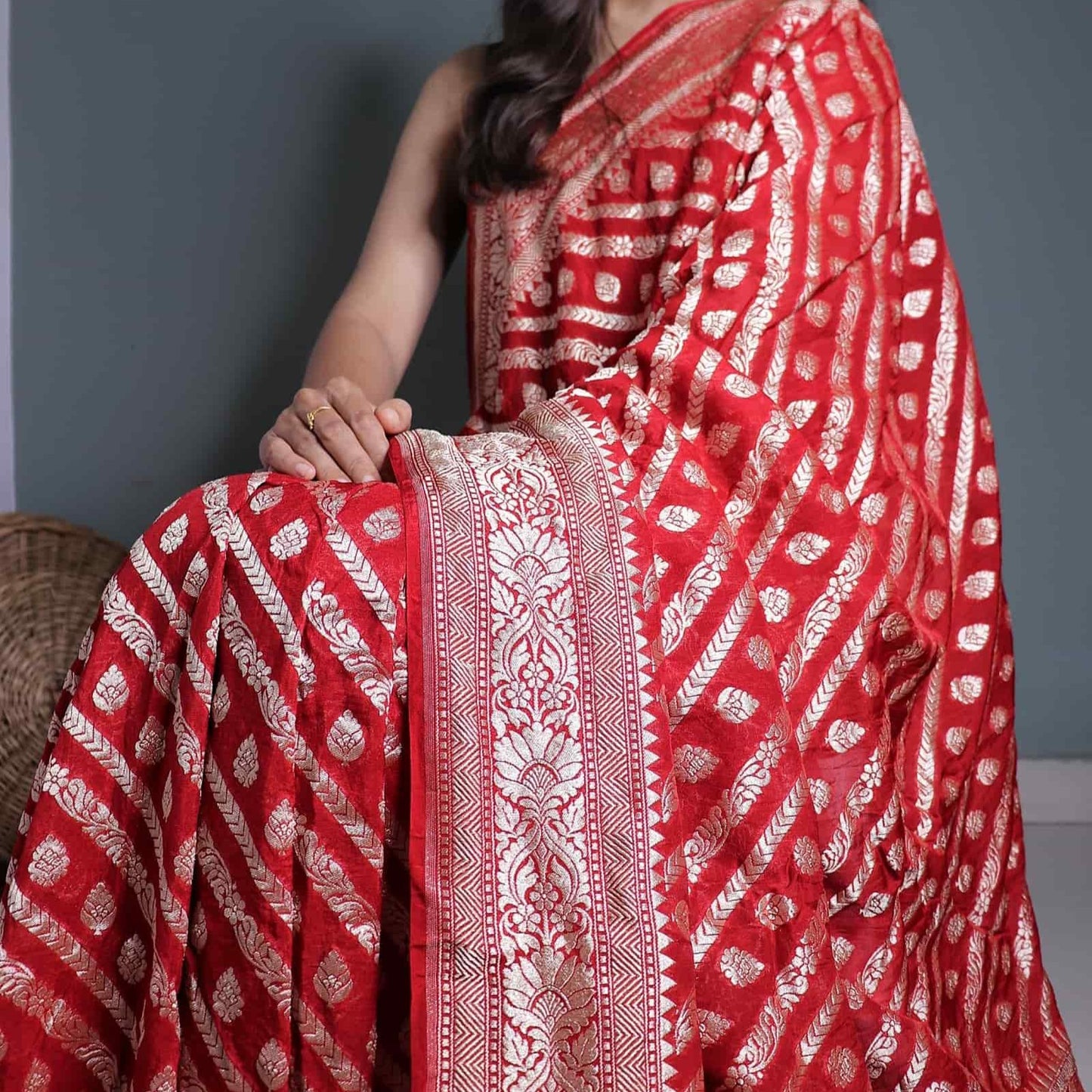 Red Khadi Georgette Saree