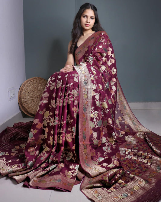 Wine Khadi Georgette Banarasi Saree