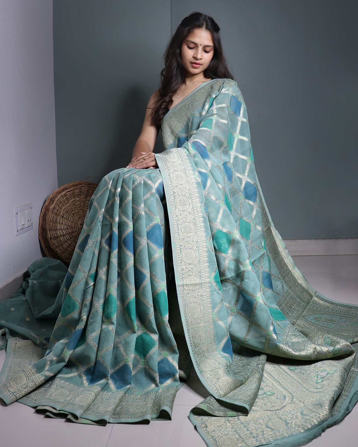 Green and Blue Rangkaat Khadi Georgette