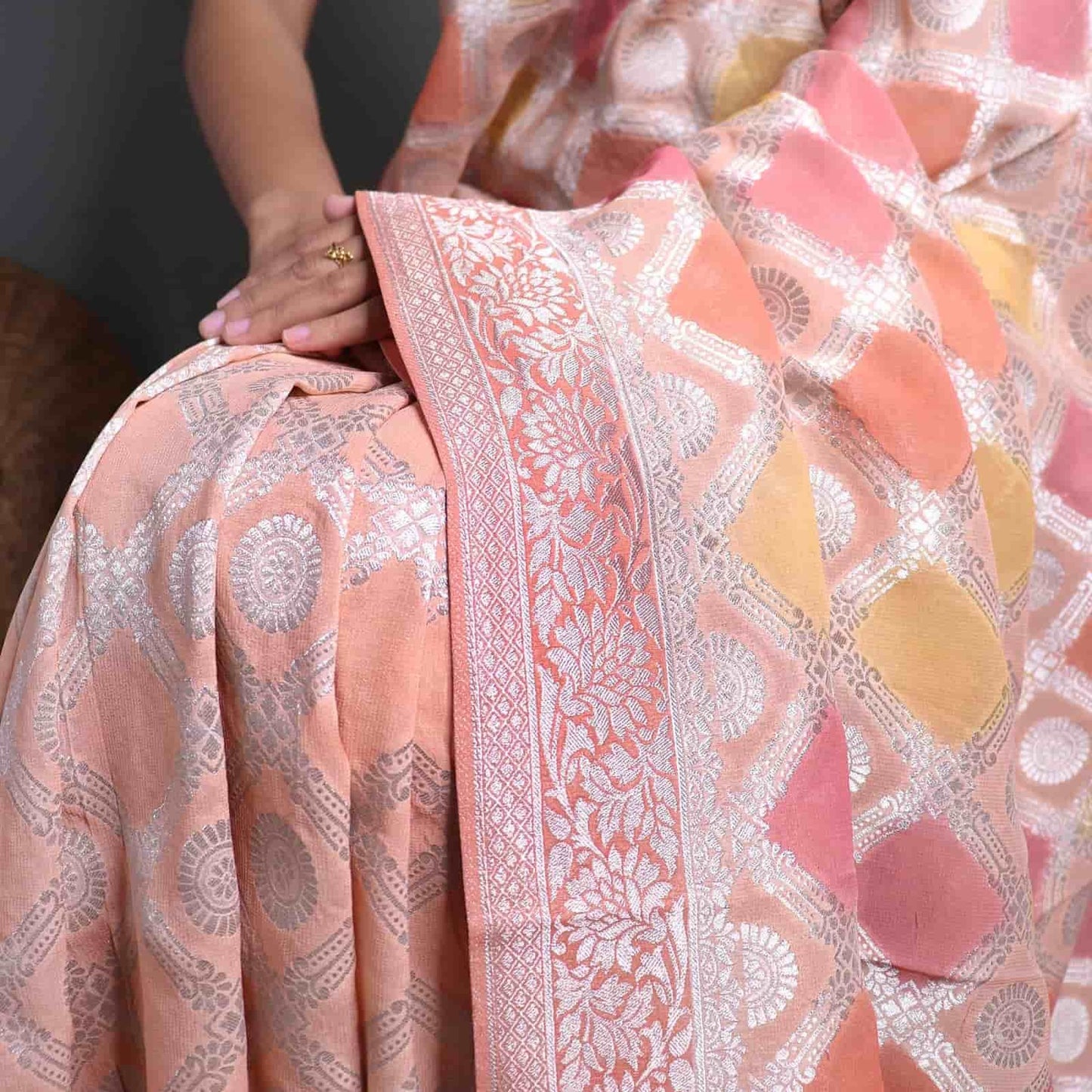 Peach and Yellow Rangkaat Khadi Georgette