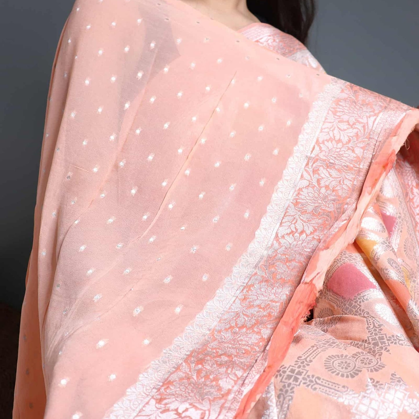 Peach and Yellow Rangkaat Khadi Georgette