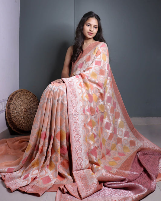 Peach and Yellow Rangkaat Khadi Georgette