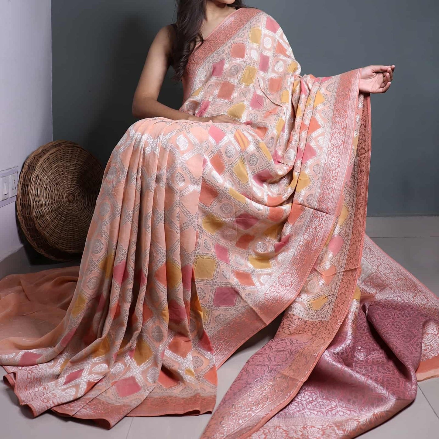 Peach and Yellow Rangkaat Khadi Georgette