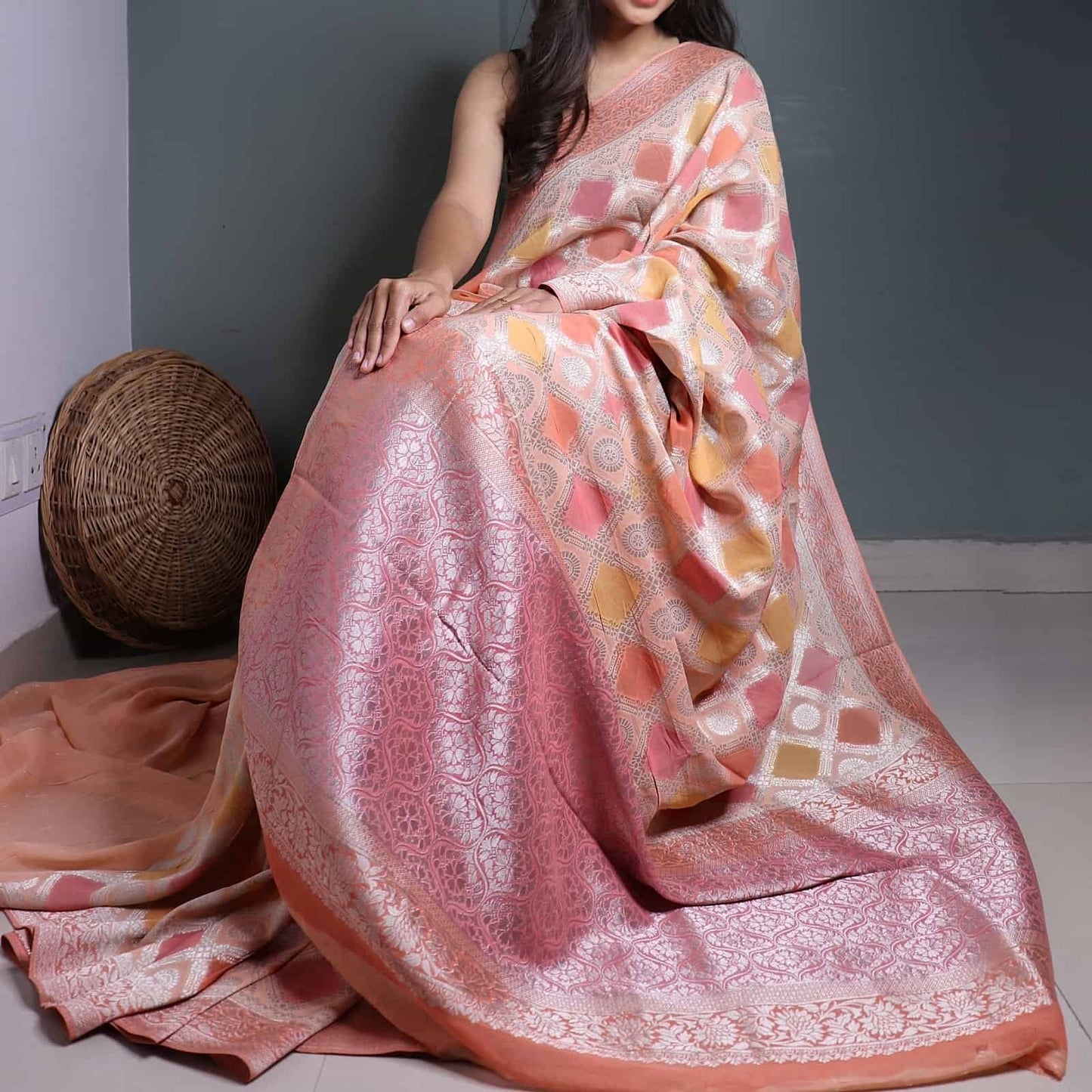 Peach and Yellow Rangkaat Khadi Georgette