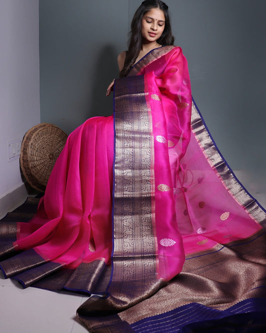 Rani Pink Organza Silk Banarasi Saree