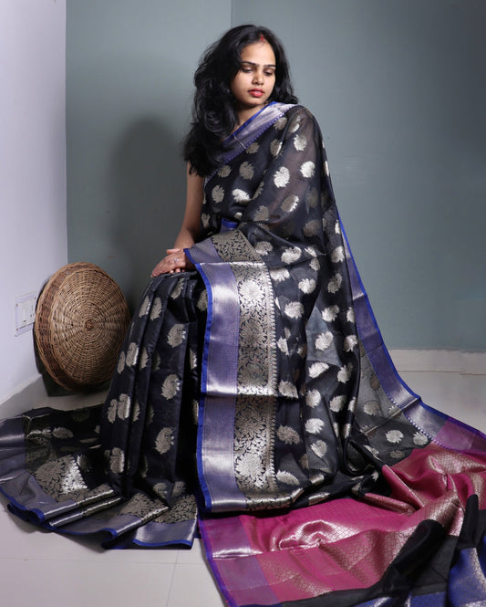 Black Semi Monga Silk Banarasi saree