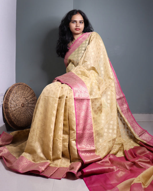 Cream Semi Monga Silk Banarasi Saree