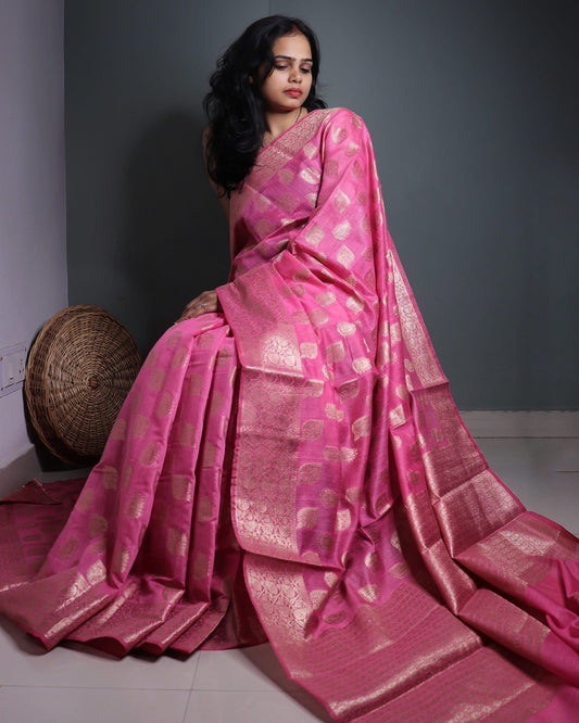 Pink Semi Monga Silk Banarasi Saree