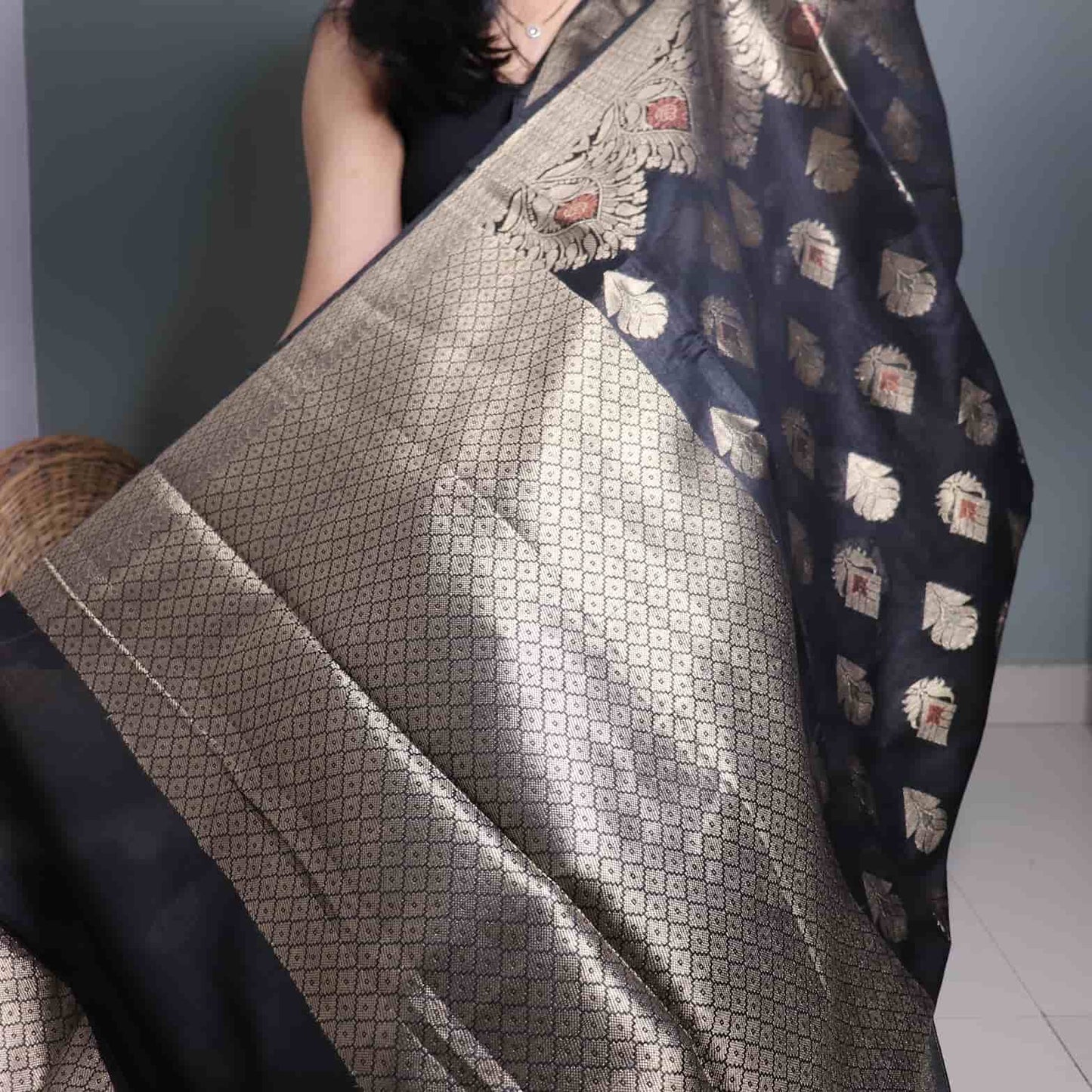 Black Semi Monga Silk Banarasi Saree