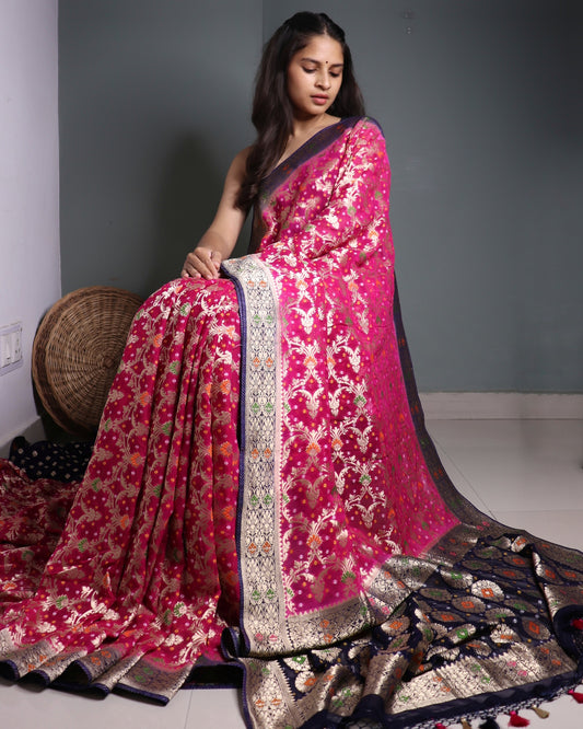 Rani Pink Bandhini Georgette Banarasi Saree