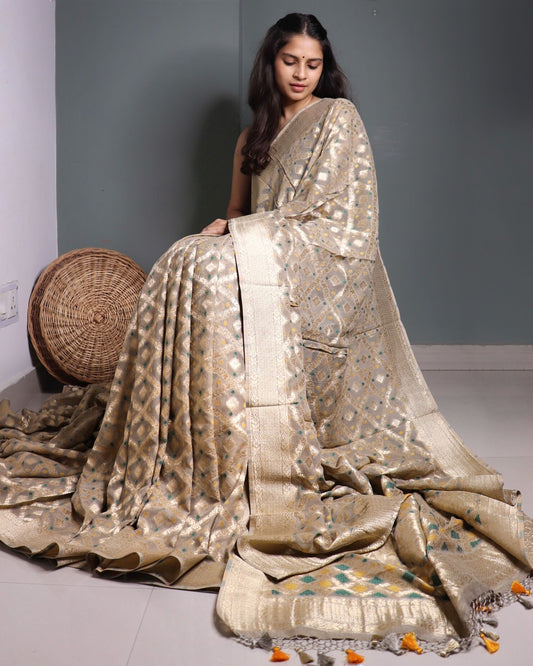 Grey Georgette Banarasi Saree Meenakari Bandhini Pattern