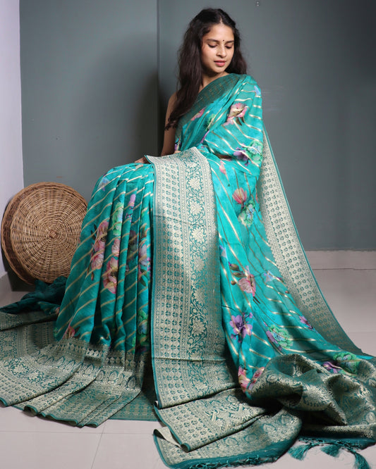 Green Georgette Banarasi  Striped & Floral Saree