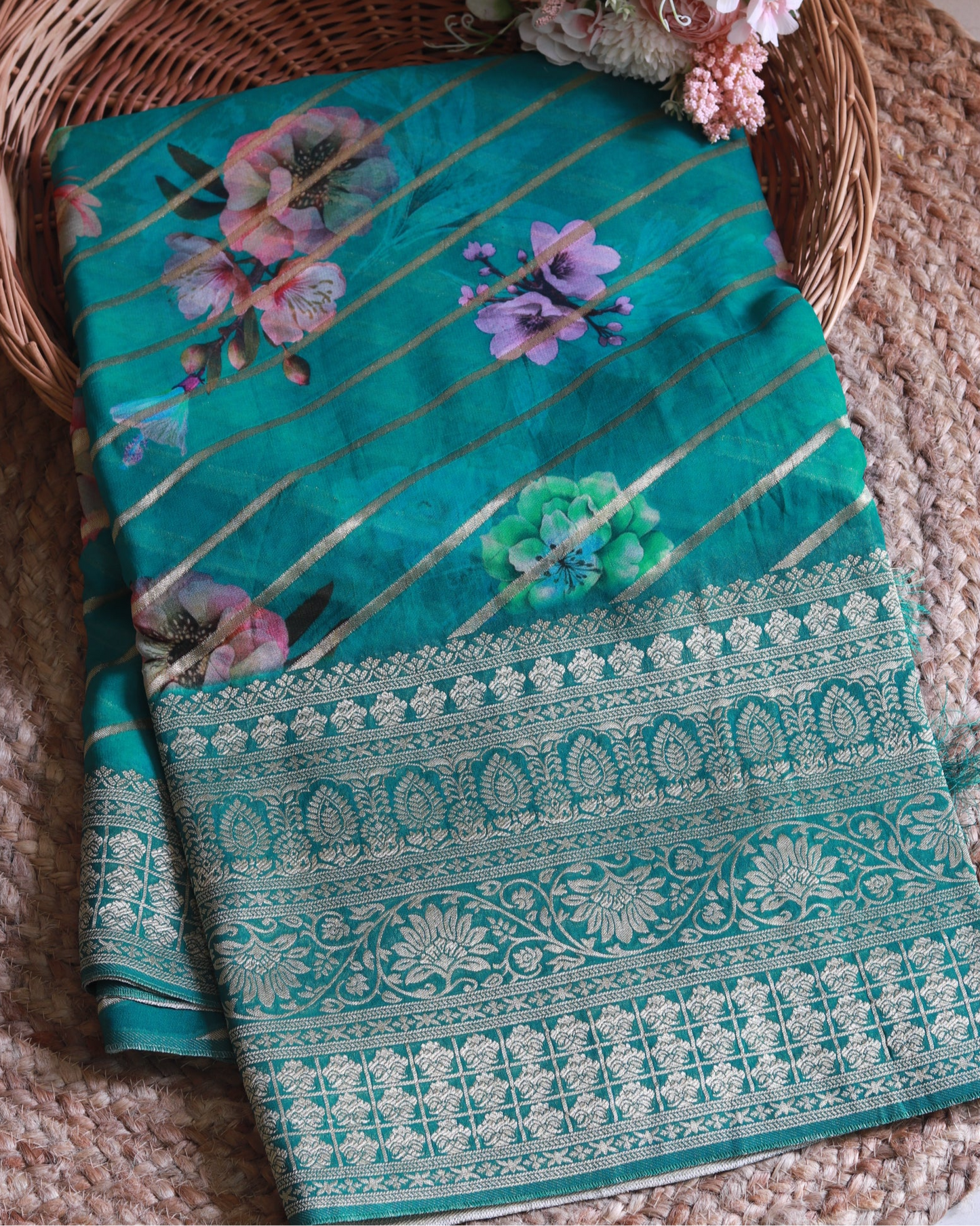 Turquoise Georgette Banarasi Silk Saree