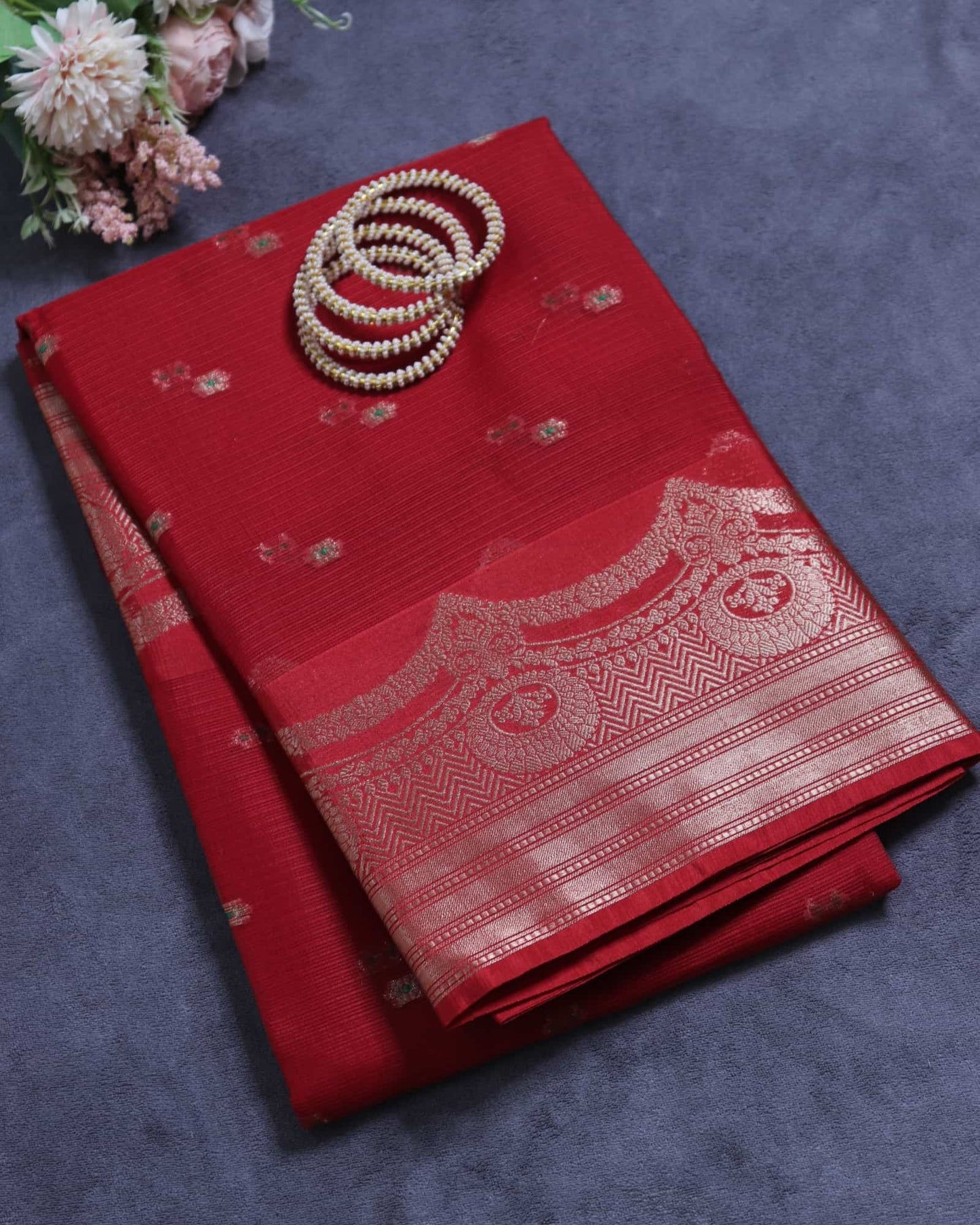 Cherry Red Kota Silk Banarasi Saree