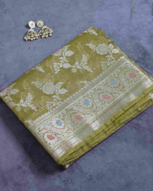 Olive Tissue Silk Banarasi Saree