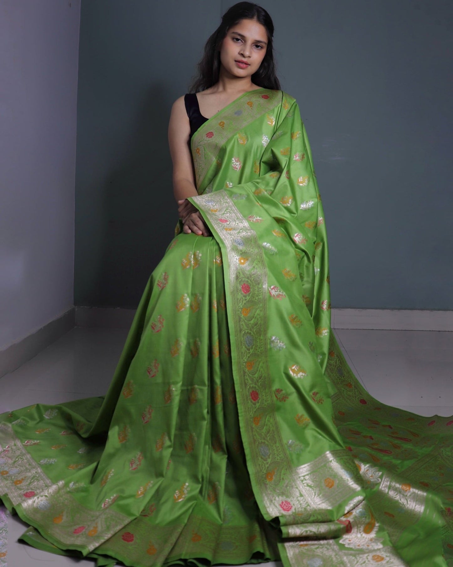 Parrot Green Katan Silk Banarasi Saree