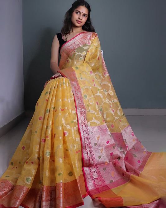 Yellow Kota Silk Banarasi Saree