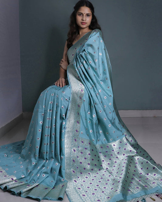 Baby blue Semi Muga Silk Banarasi Saree