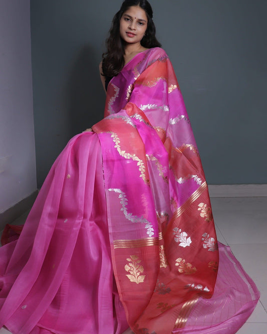 Pink Rangkat Pure Kora Silk Saree