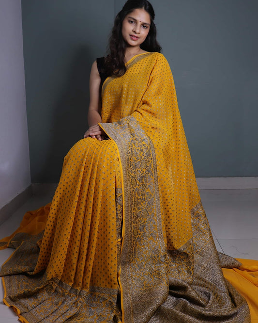 Yellow Pure Georgette Saree