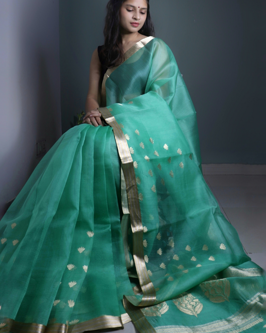 Turquoise Pure Kora Silk Saree