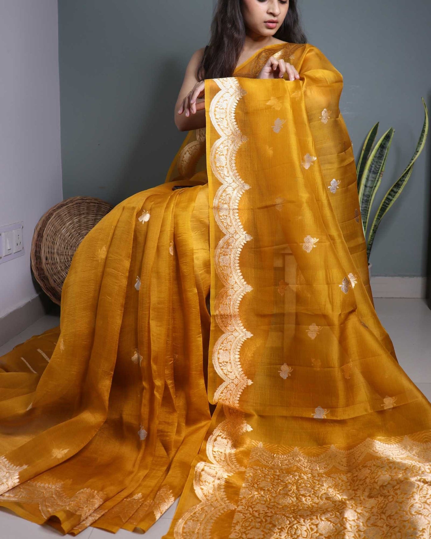 Yellow Mustard Kora Silk Banarasi Saree