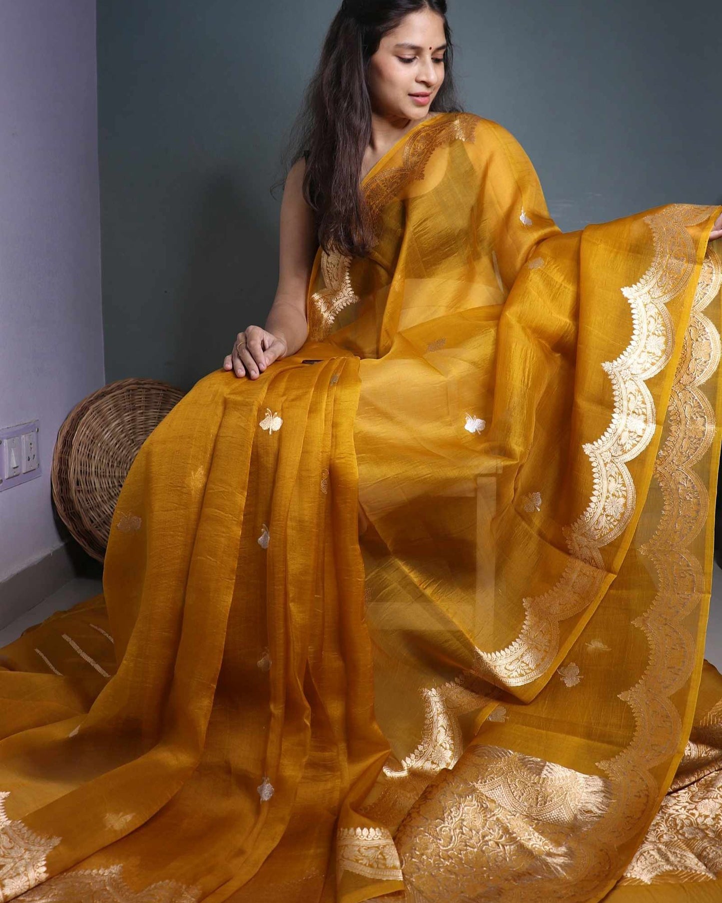 Yellow Mustard Kora Silk Banarasi Saree